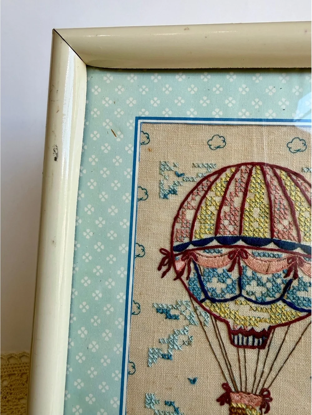 Vintage Framed Hot Air Balloon Crewel Embroidery Needlework Wall Art
